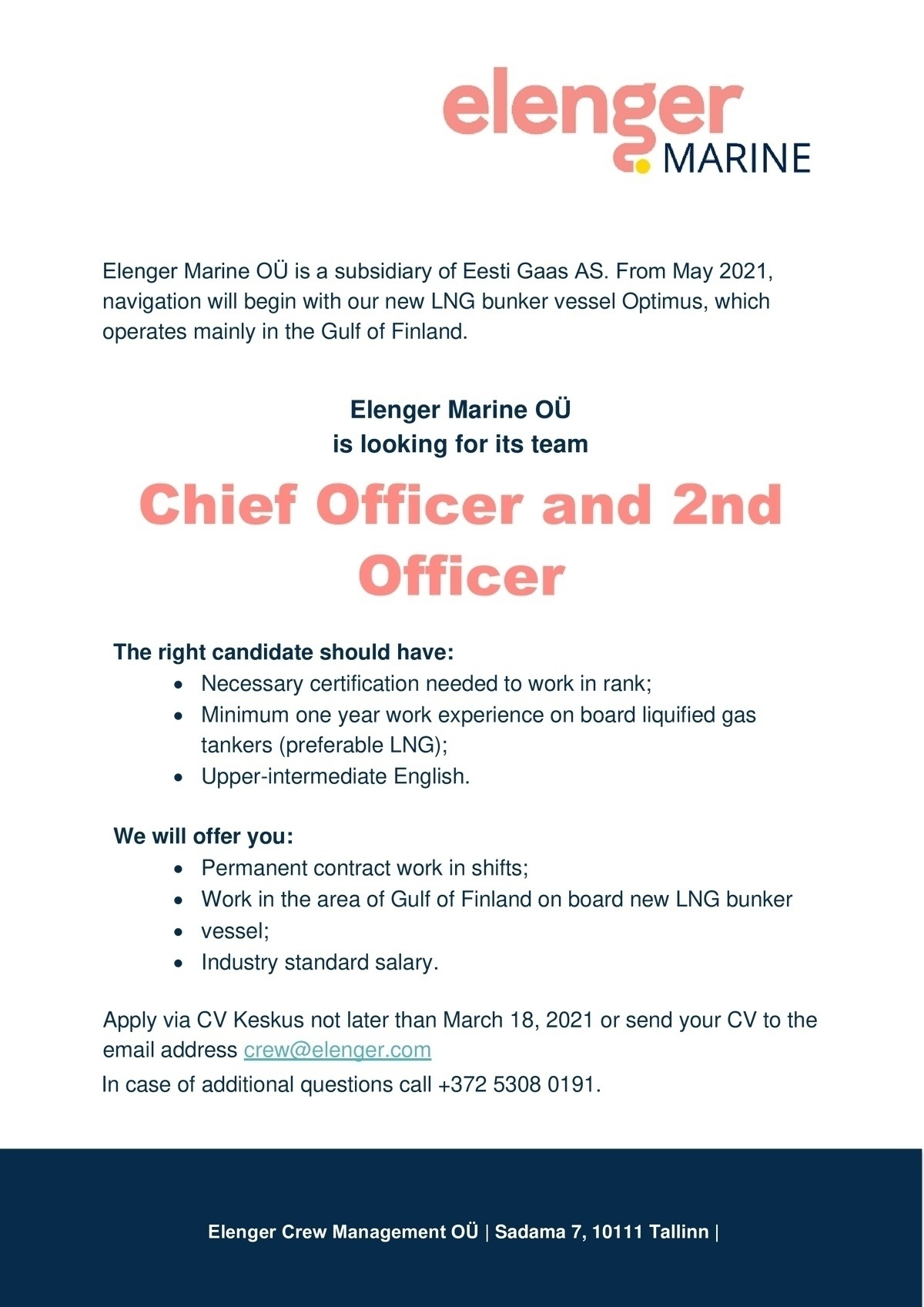 ELENGER MARINE OÜ Chief Officer and 2nd Officer