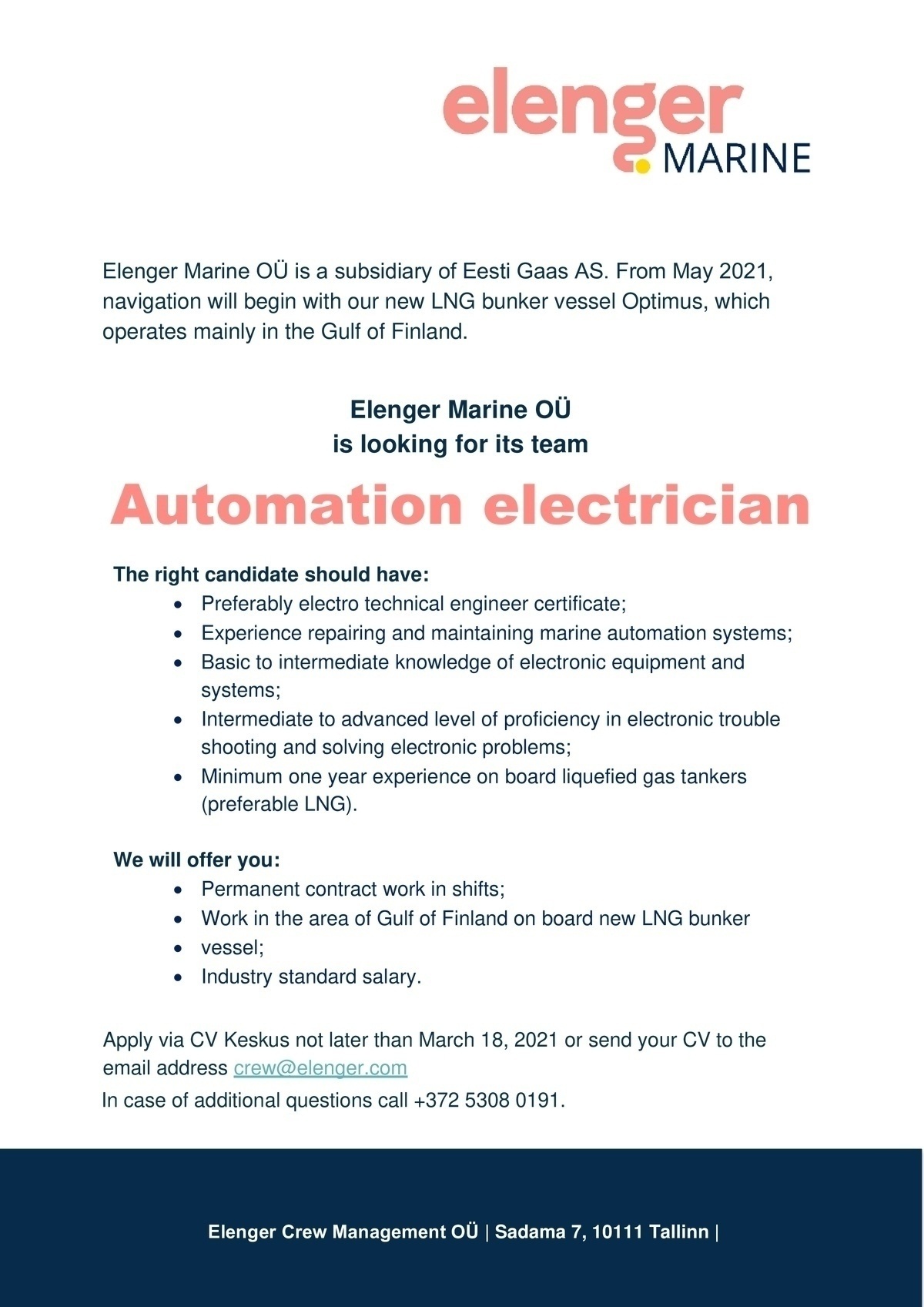 ELENGER MARINE OÜ Automation electrician