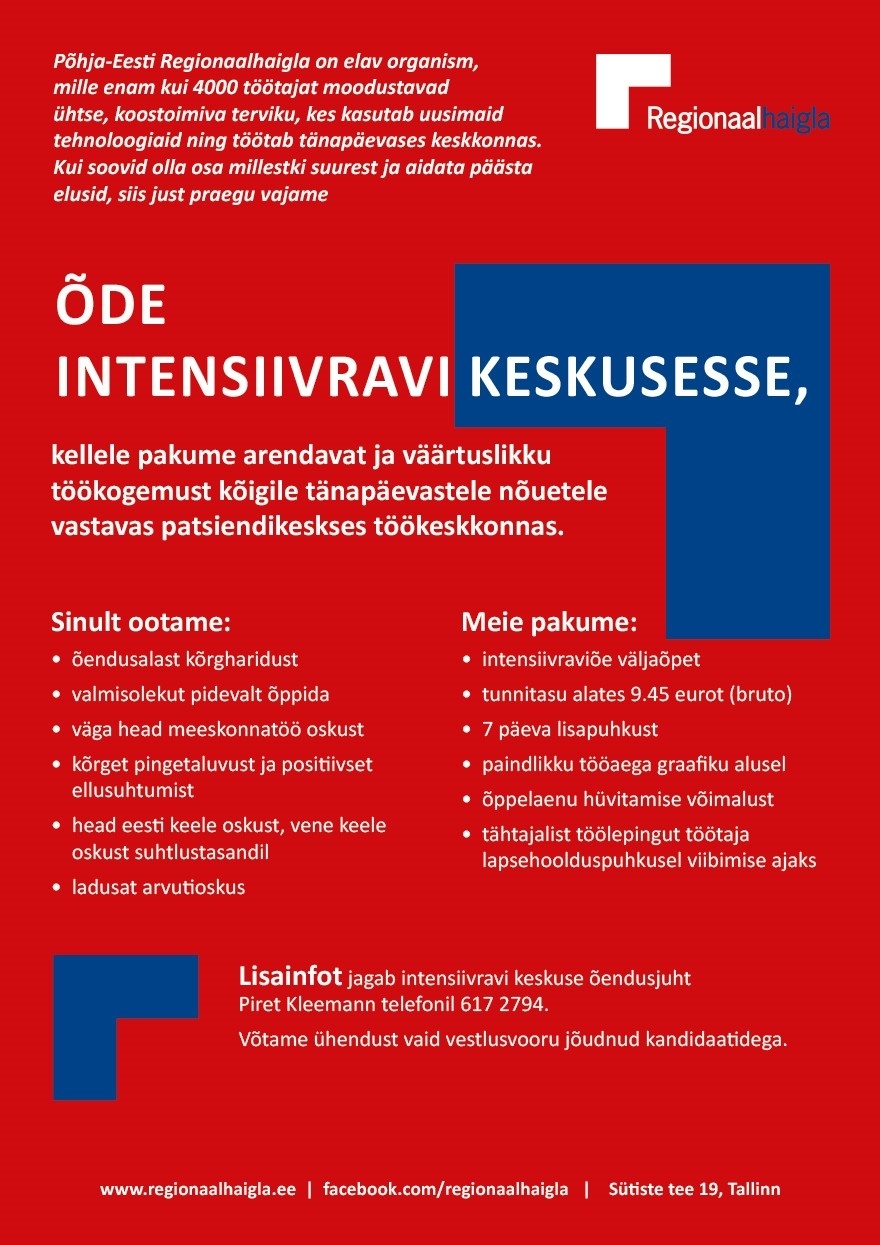 Põhja-Eesti Regionaalhaigla SA Õde intensiivravi keskusesse (asenduskoht)