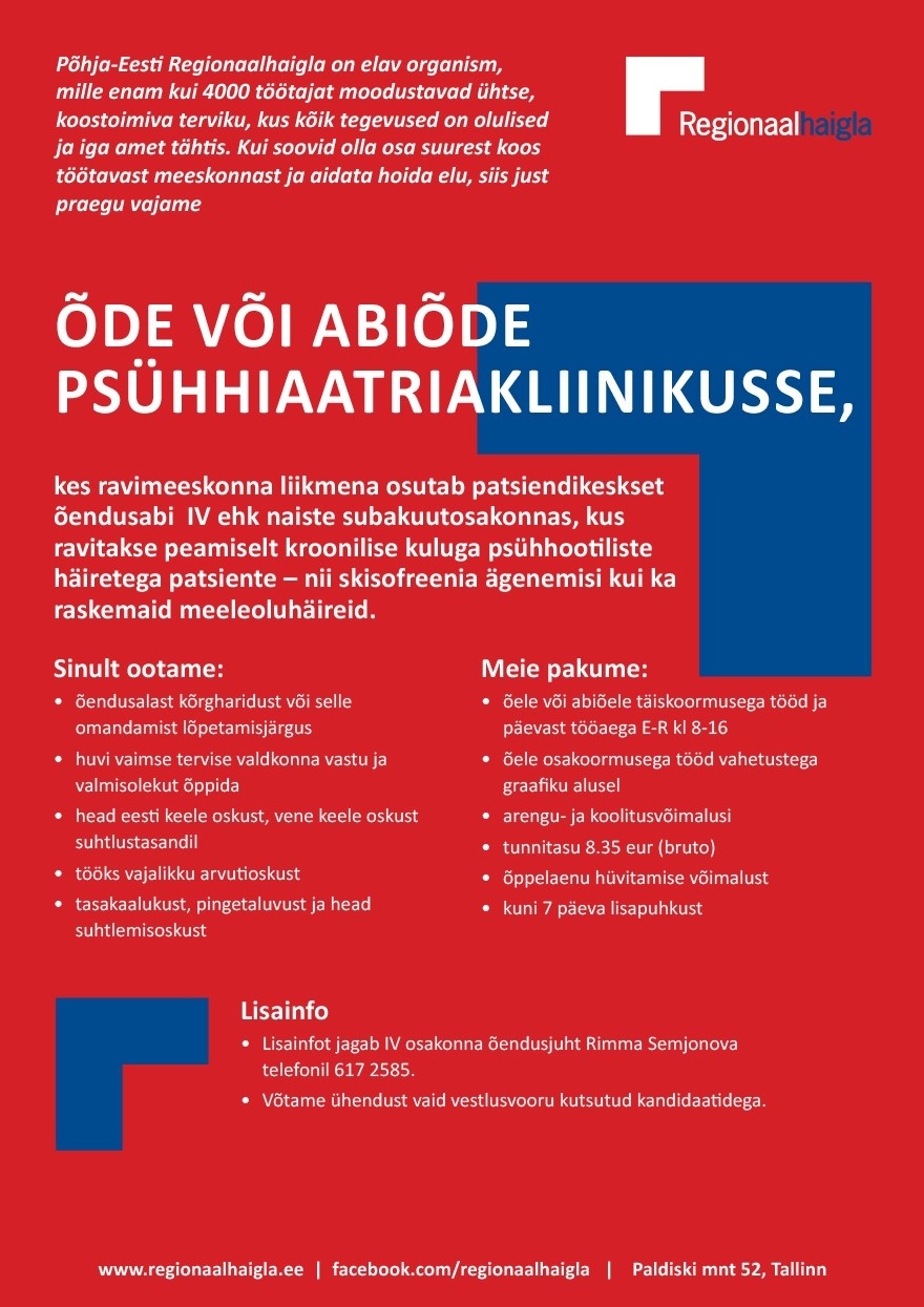 Põhja-Eesti Regionaalhaigla SA Õde/abiõde psühhiaatriakliinikusse