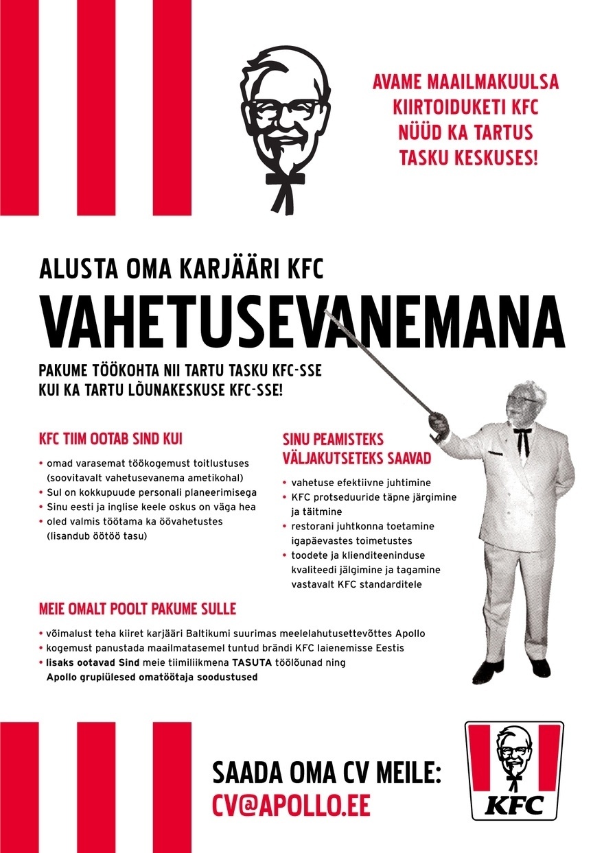 APL Fresh Food OÜ KFC TARTU kutsub tiimi aktiivset VAHETUSEVANEMAT