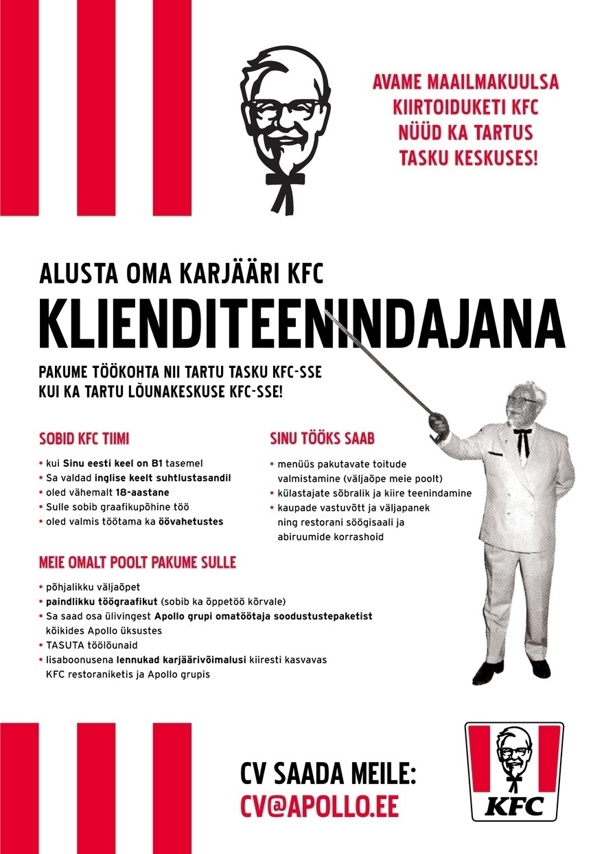 APL Fresh Food OÜ KFC TARTU kutsub tiimi KLIENDITEENINDAJAID