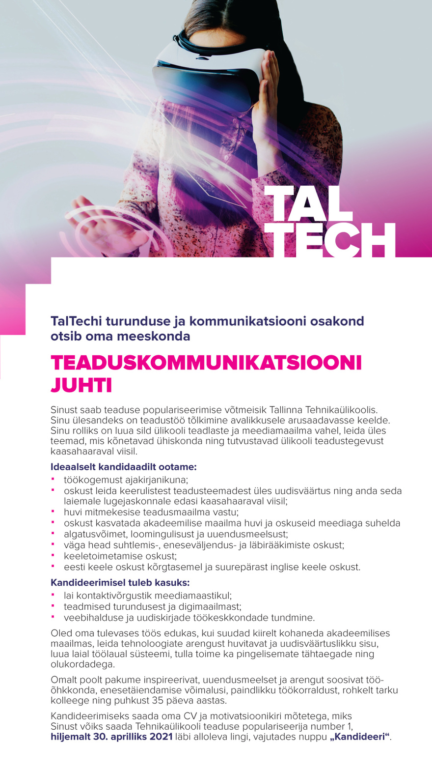 Turunduse ja kommunikatsiooni osakond TEADUSKOMMUNIKATSIOONI JUHT