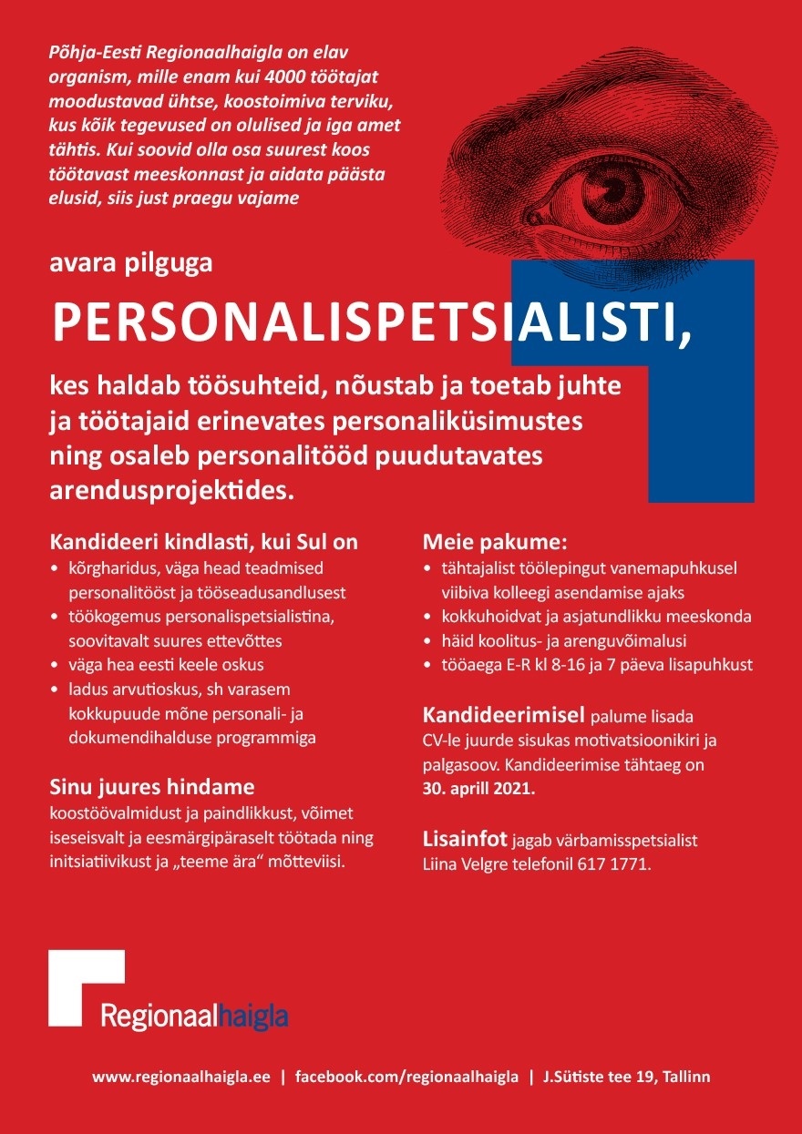 Põhja-Eesti Regionaalhaigla SA Personalispetsialist (asenduskoht)