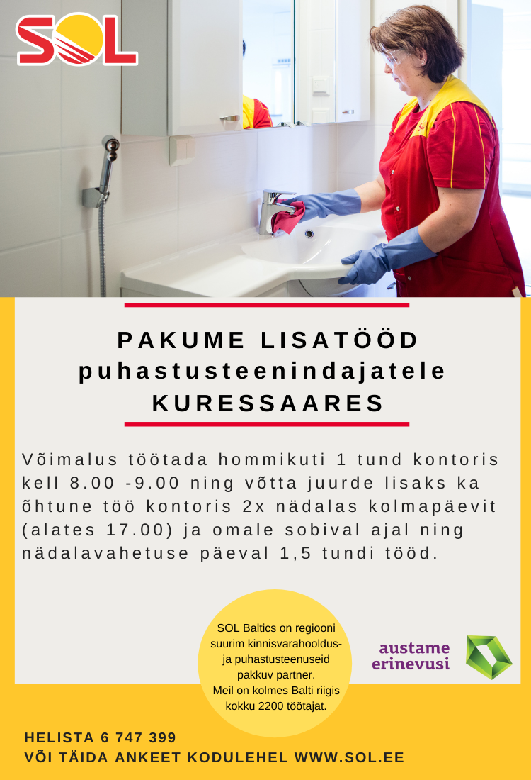 SOL Baltics OÜ Lisatöö puhastusteenindajale Kuressaares