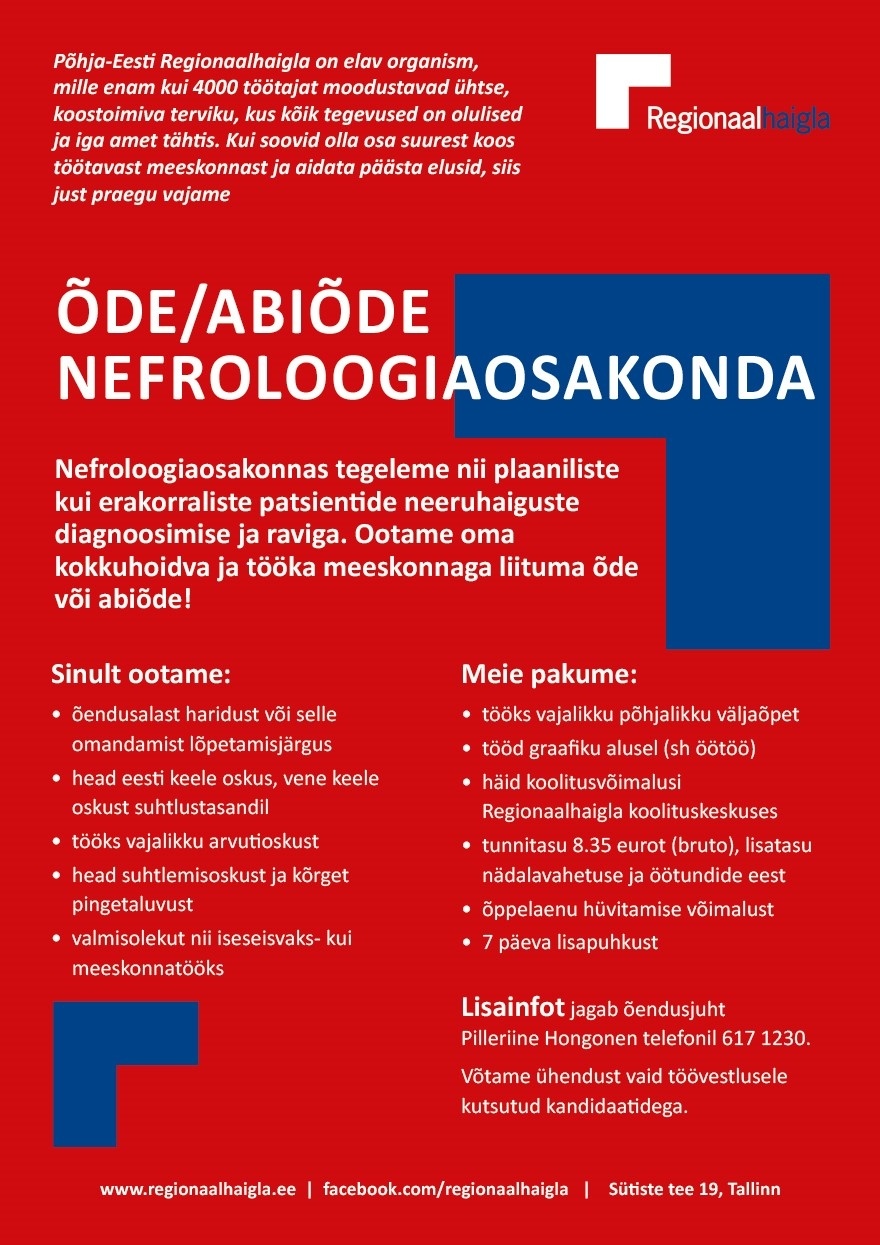 Põhja-Eesti Regionaalhaigla SA Õde/abiõde nefroloogiaosakonda