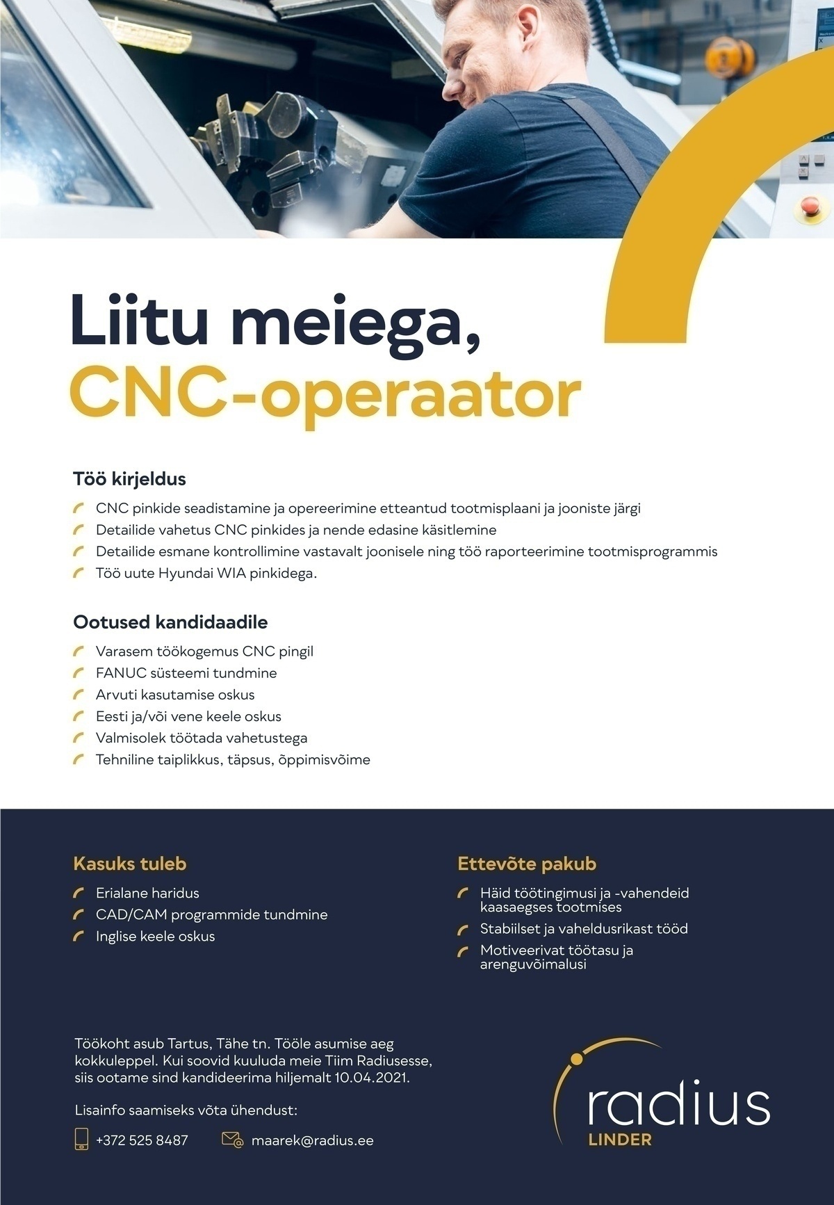 RADIUS LINDER OÜ CNC treipingi operaator (TARTU)