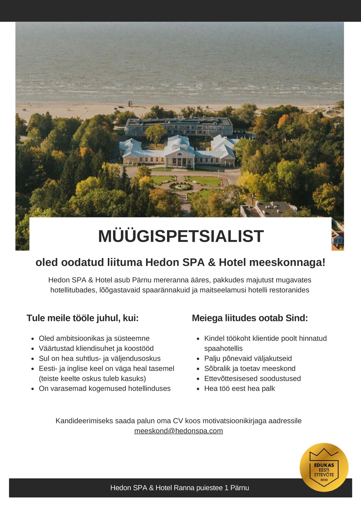 Supeluse Hotell OÜ Hedon SPA & HOTEL Müügispetsialist