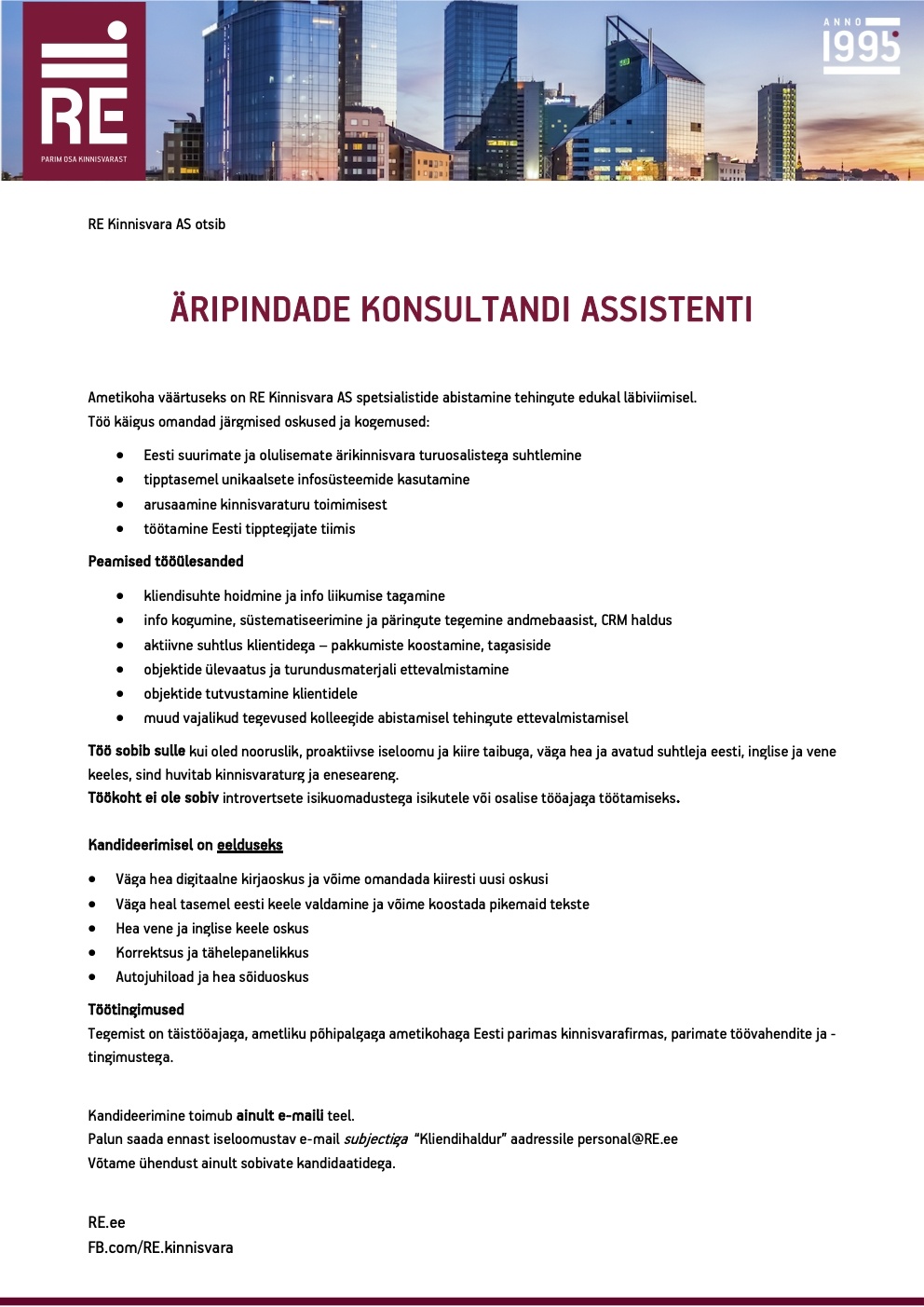 RE Kinnisvara AS Äripindade konsultandi assistent