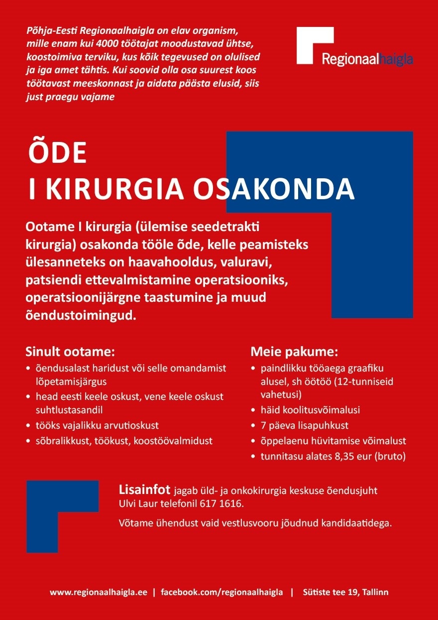 Põhja-Eesti Regionaalhaigla SA Õde I kirurgia osakonda