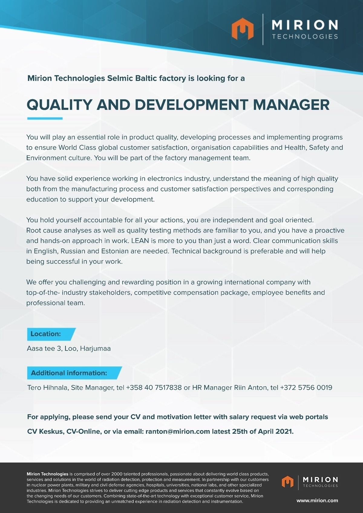 MIRION TECHNOLOGIES SELMIC BALTIC OÜ QUALITY AND DEVELOPMENT MANAGER