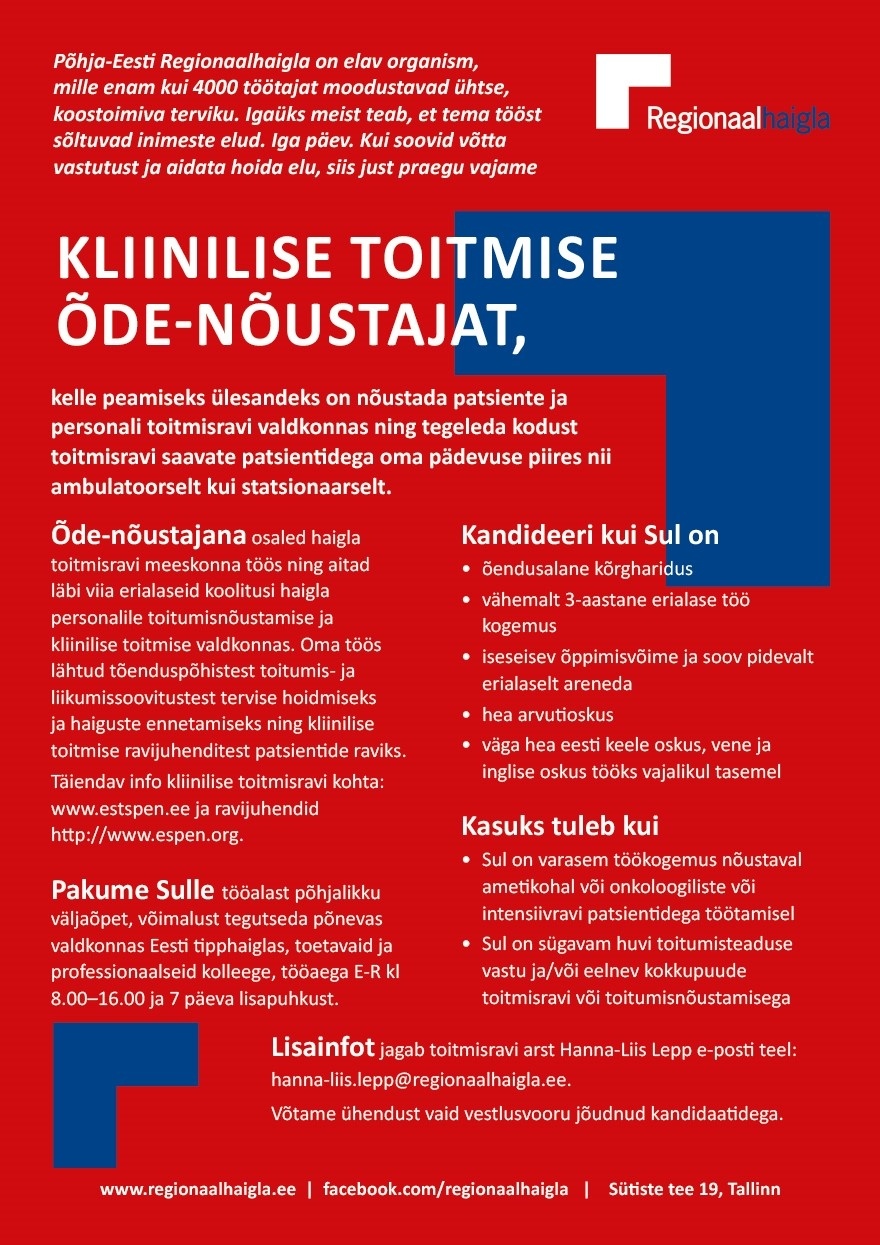 Põhja-Eesti Regionaalhaigla SA Kliinilise toitmise õde-nõustaja