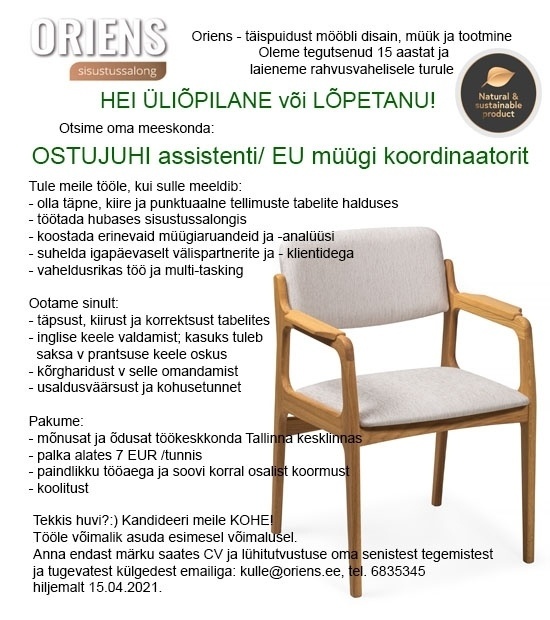 ORIENS OÜ Ostuassistent / EU müügi koordinaator
