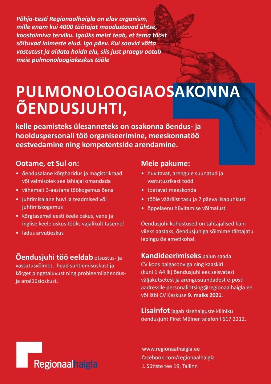 Põhja-Eesti Regionaalhaigla SA Õendusjuht pulmonoloogiaosakonda