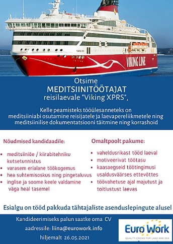 EURO WORK OÜ Meditsiinitöötaja laevale m/s "Viking XPRS" (tähtajalised lepingud)