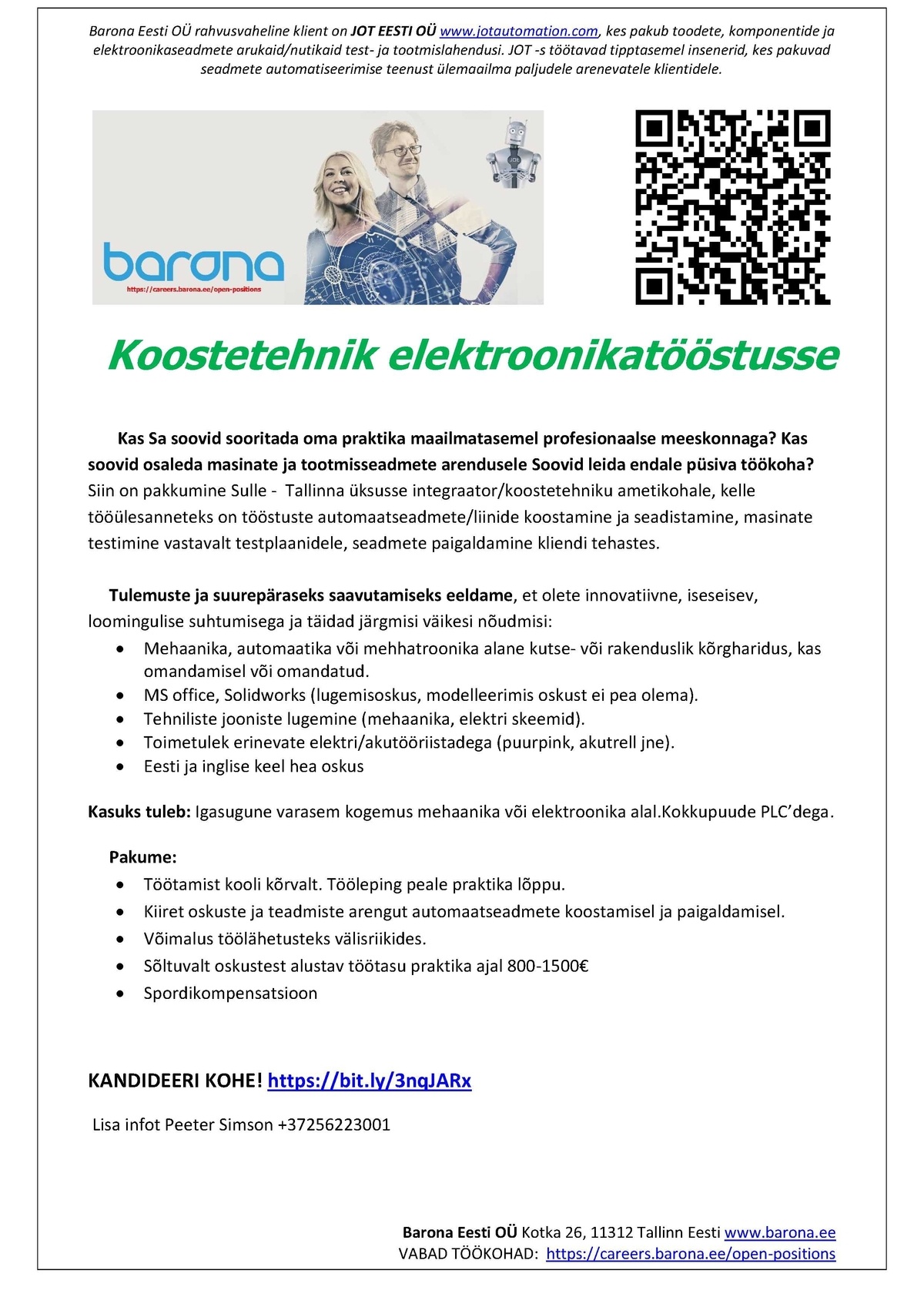 Barona Eesti OÜ Pakume praktikat/tööd koostetehnikule elektroonikatööstusse