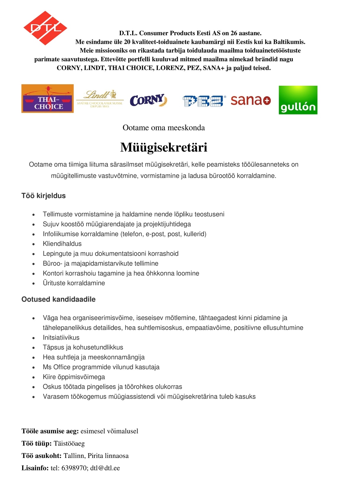 D.T.L. Consumer Products Eesti AS Müügisekretär