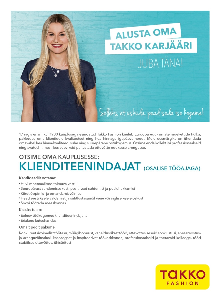 TAKKO FASHION Klienditeenindaja Rannarootsi keskuse Takko osalise tööajaga (tähtajaline)
