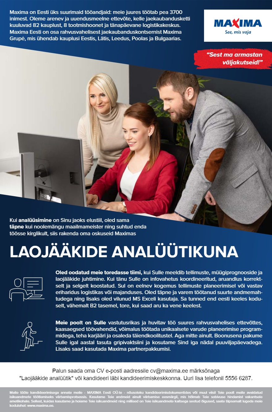 Maxima Eesti OÜ Laojääkide analüütik