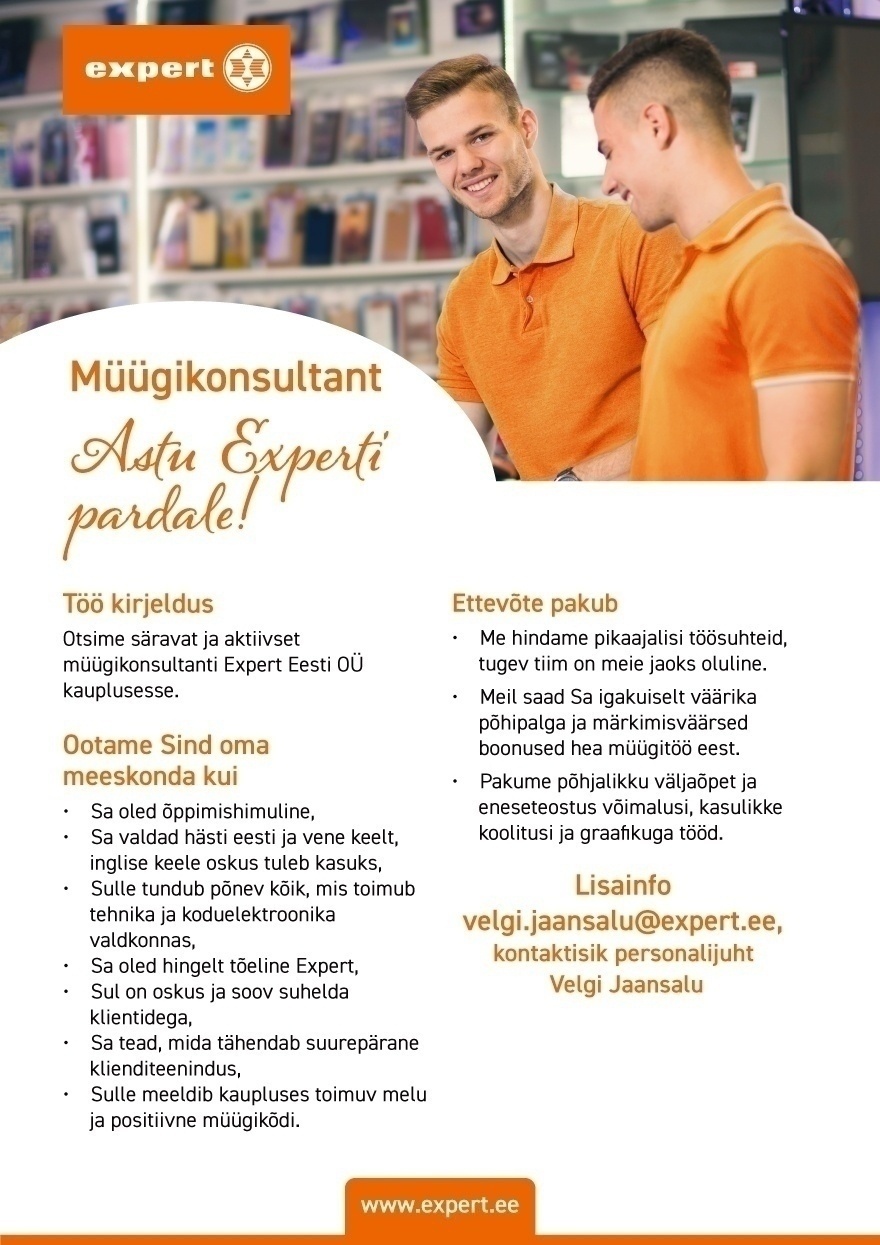 Expert Eesti OÜ Müügikonsultant Tallinnas Järve Keskuse kaupluses