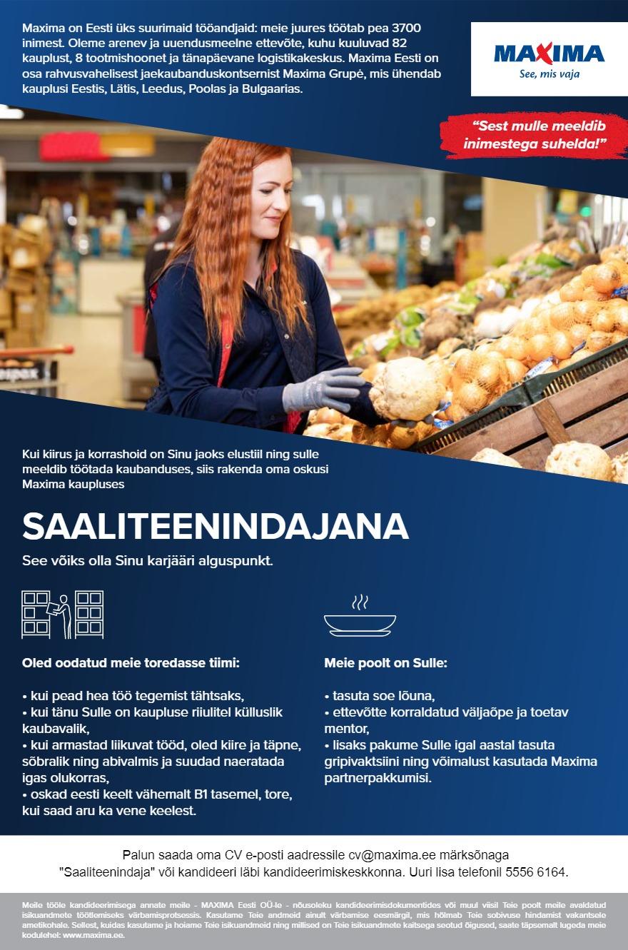 Maxima Eesti OÜ Saalitöötaja Paide Maximas (Pärnu mnt 63/65)