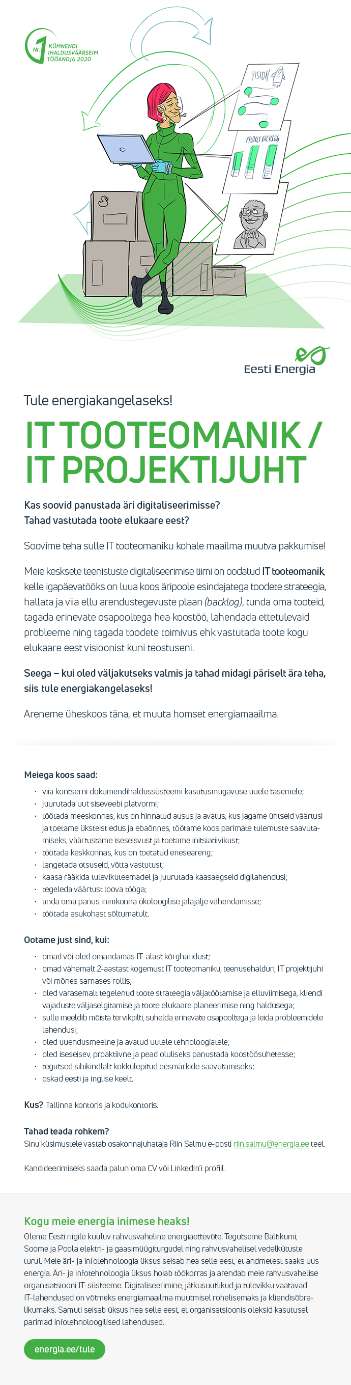 Eesti Energia AS IT TOOTEOMANIK/IT PROJEKTIJUHT