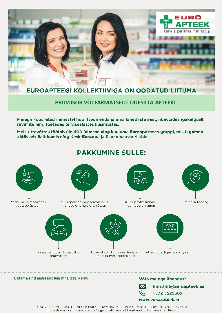 Euroapteek OÜ Proviisor või farmatseut Uuesilla apteeki