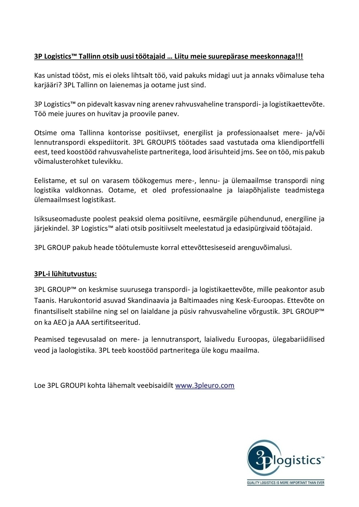 3P LOGISTICS OÜ Logistik