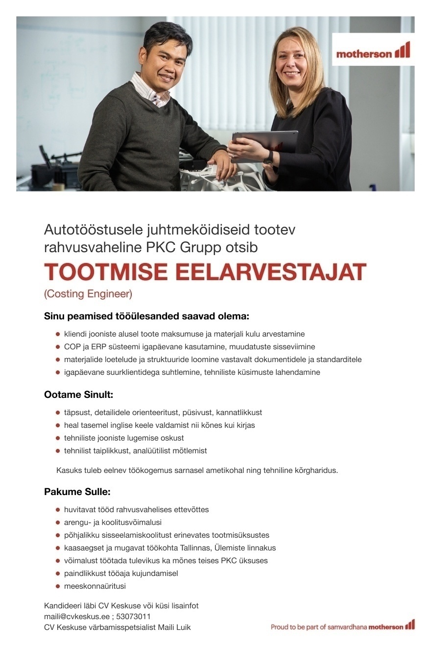 PKC Eesti AS TOOTMISE EELARVESTAJA (Costing Engineer)