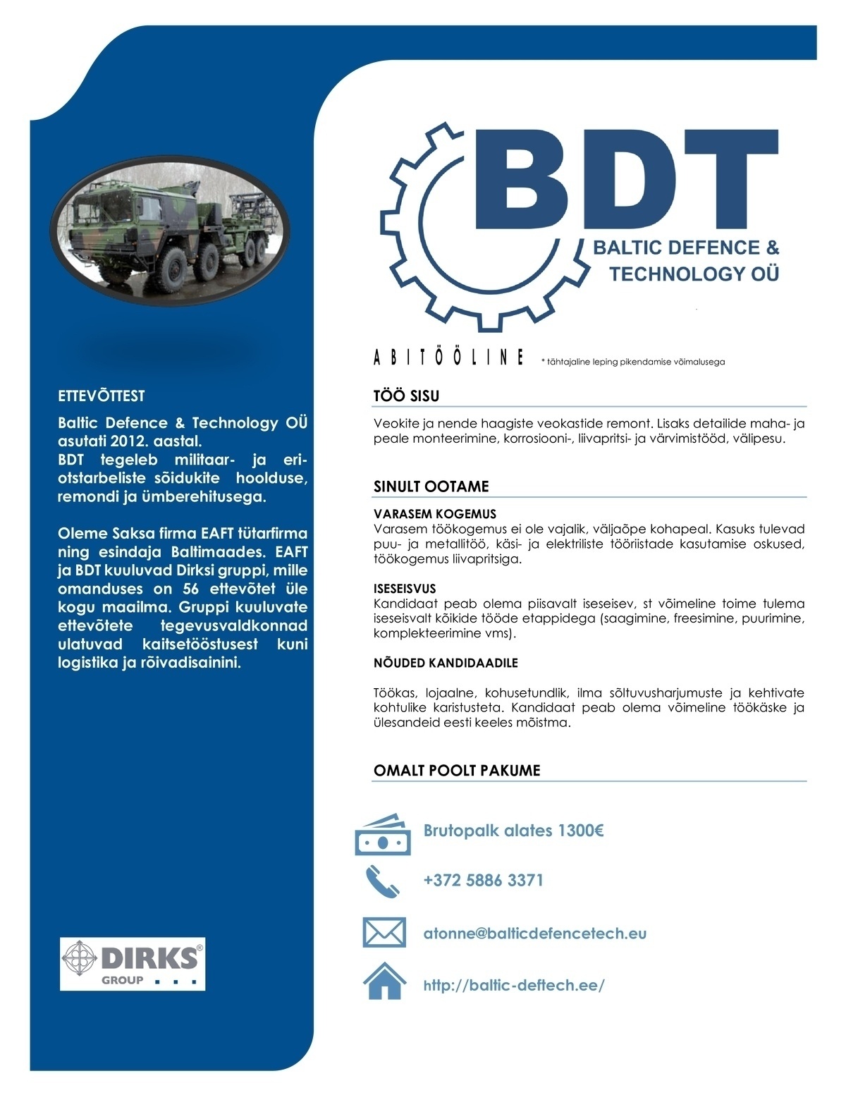BALTIC DEFENCE & TECHNOLOGY OÜ Tisler, lukksepp