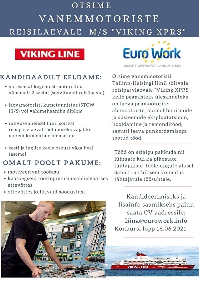 EURO WORK OÜ Vanemmotoriste reisiparvlaevale "Viking XPRS"