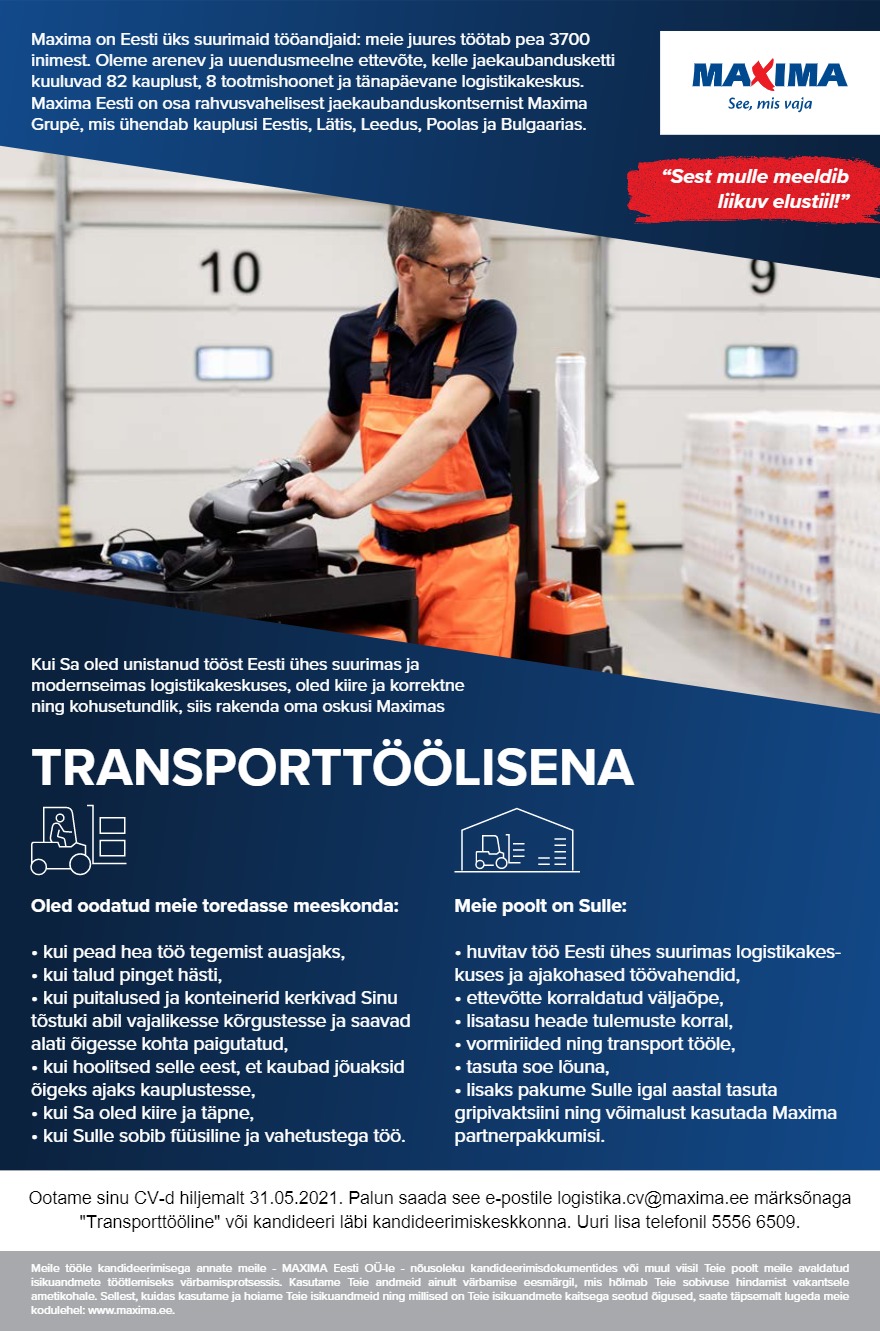 Maxima Eesti OÜ Transporttöölised Maxima Logistikakeskuses
