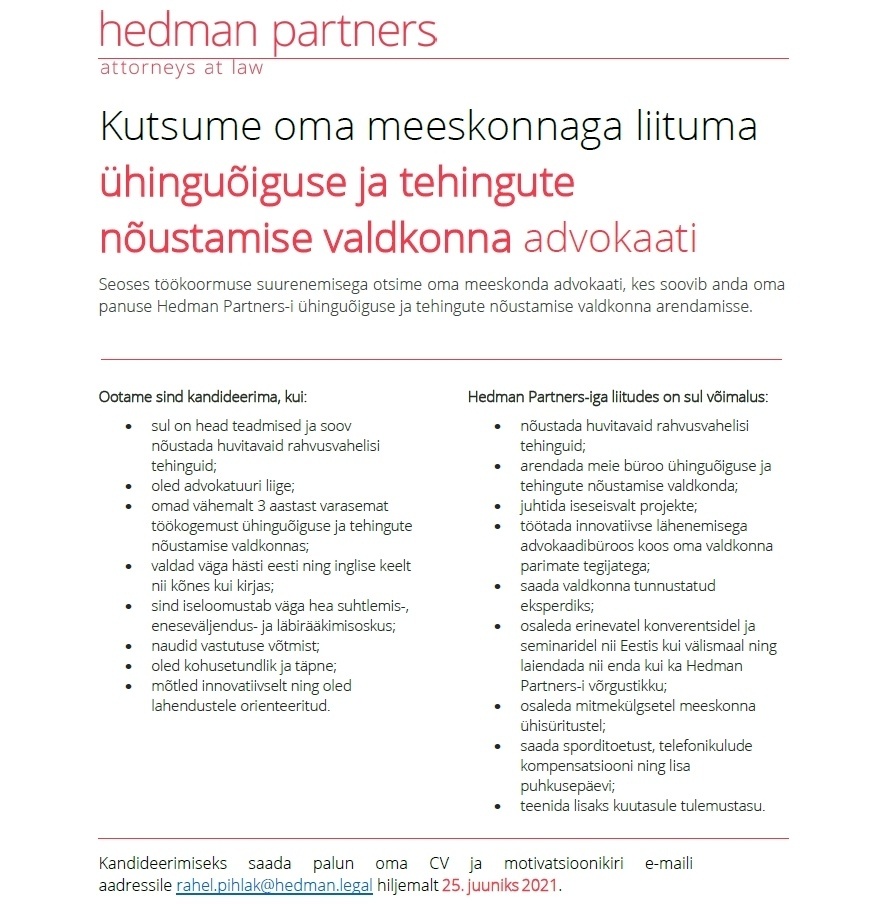 ADVOKAADIBÜROO HEDMAN PARTNERS & CO OÜ Advokaat