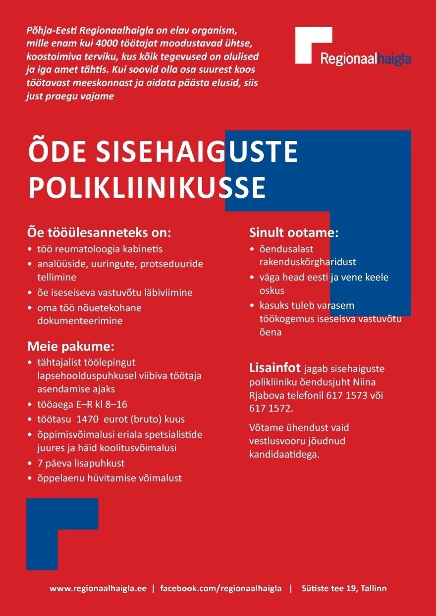 Põhja-Eesti Regionaalhaigla SA Õde sisehaiguste polikliinikusse (asenduskoht)