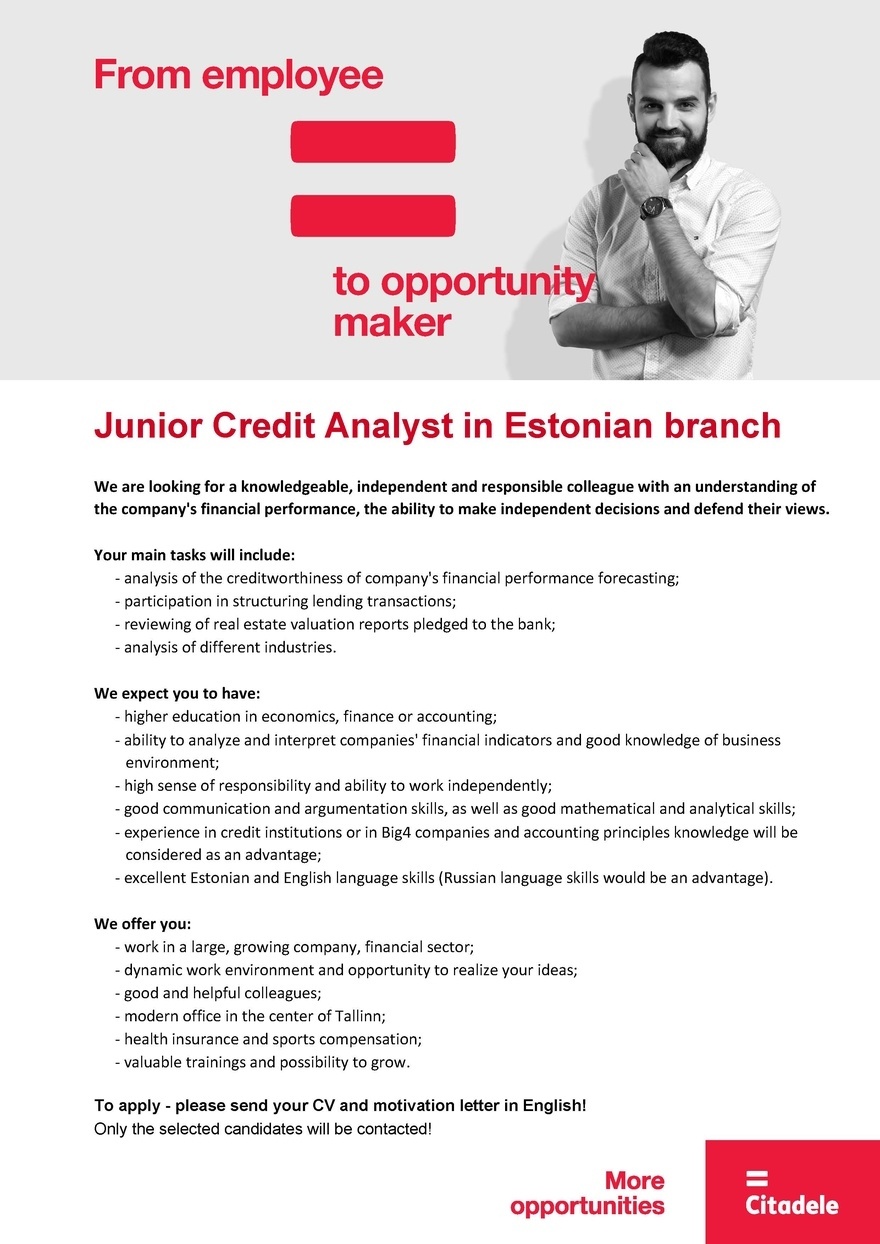 AS CITADELE BANKA EESTI FILIAAL Junior Credit Analyst in Estonian branch