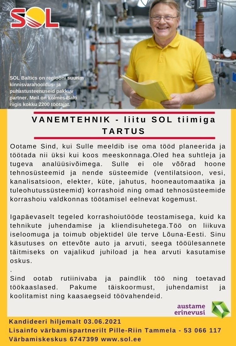 SOL Baltics OÜ Vanemtehnik - liitu SOL tiimiga Tartus!