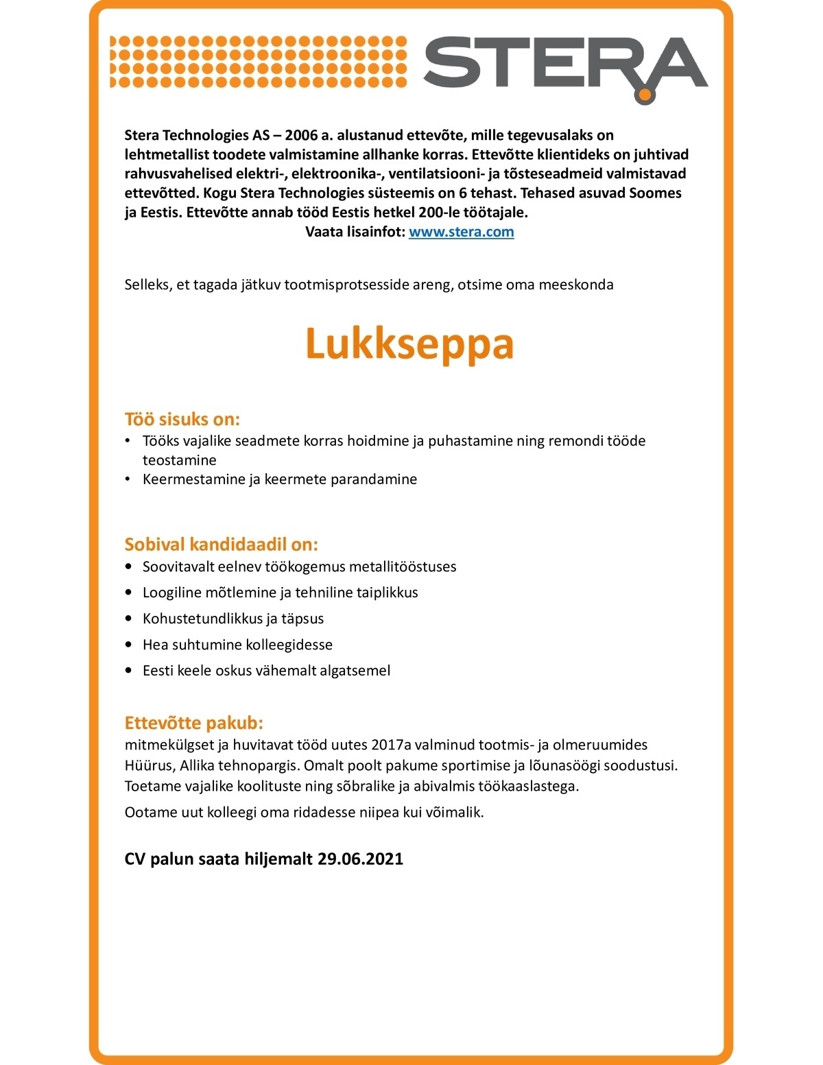 STERA TECHNOLOGIES AS Lukksepp