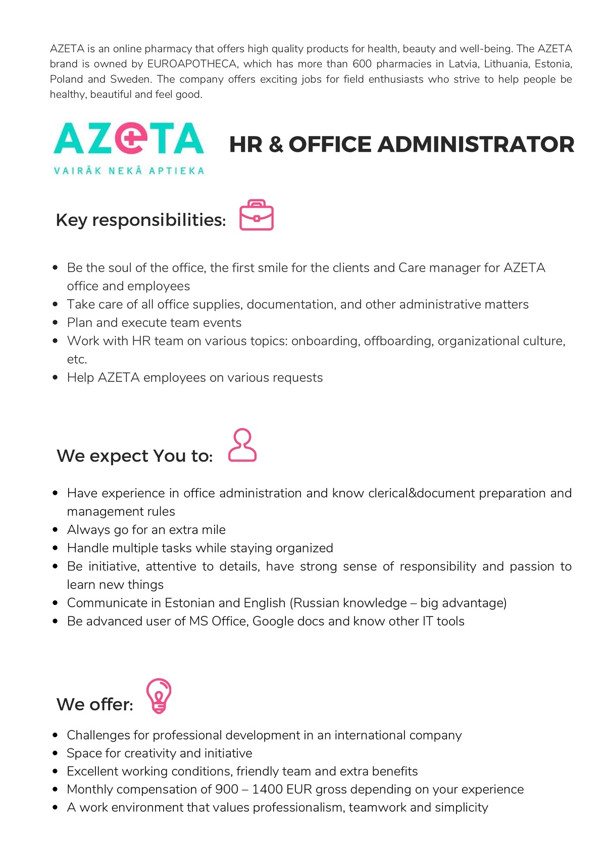 Azeta OÜ HR & OFFICE ADMINISTRATOR