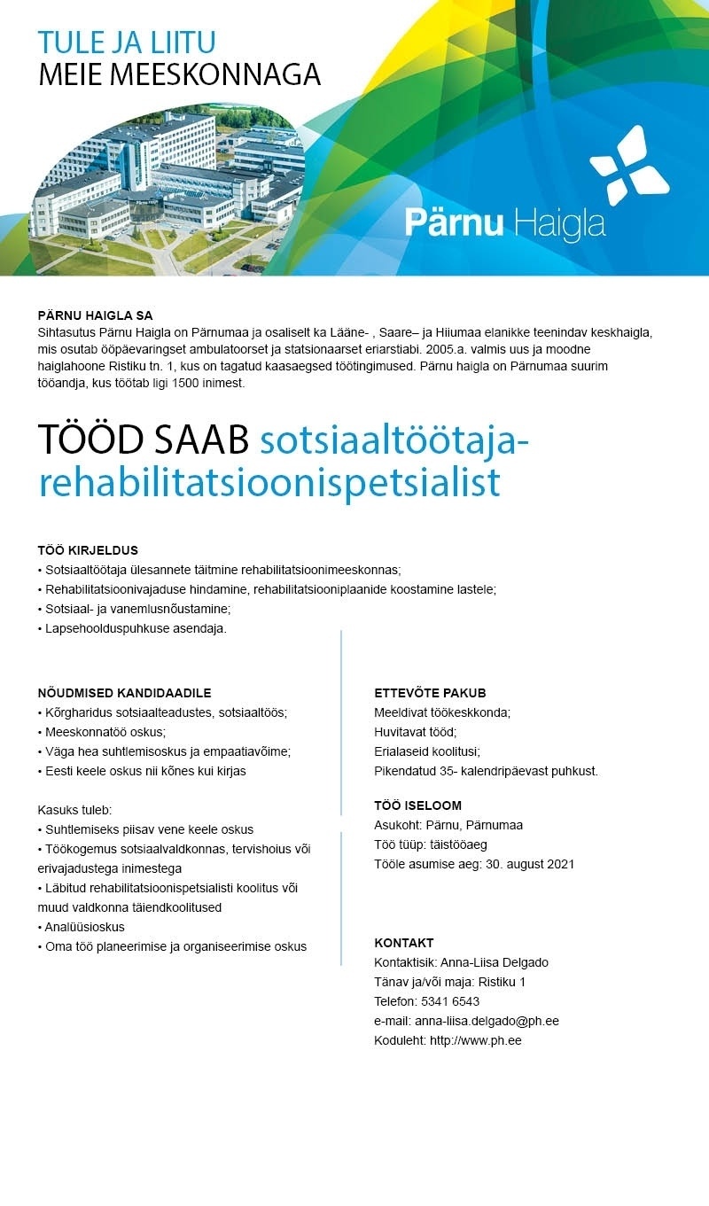 Pärnu Haigla SA Sotsiaaltöötaja-rehabilitatsioonispetsialist