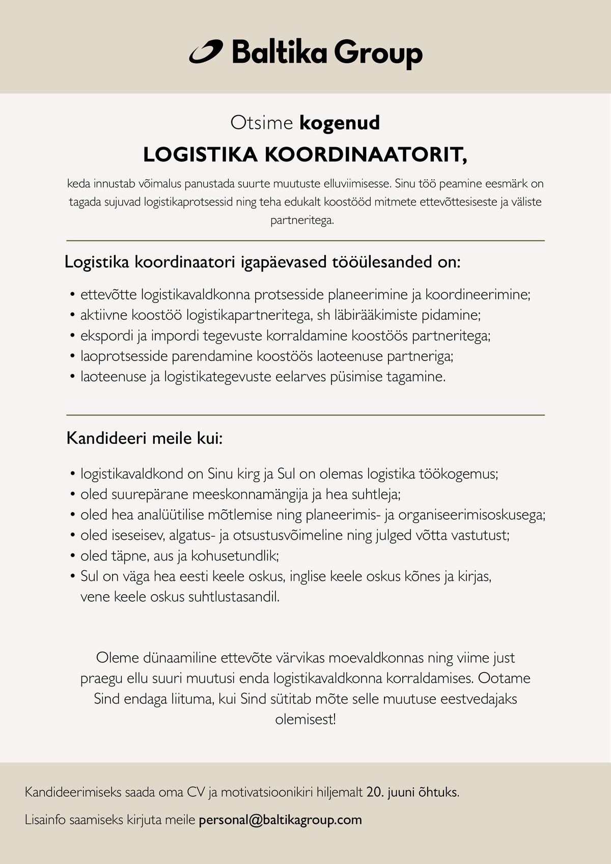 Baltika AS Logistika koordinaator (kogemusega)