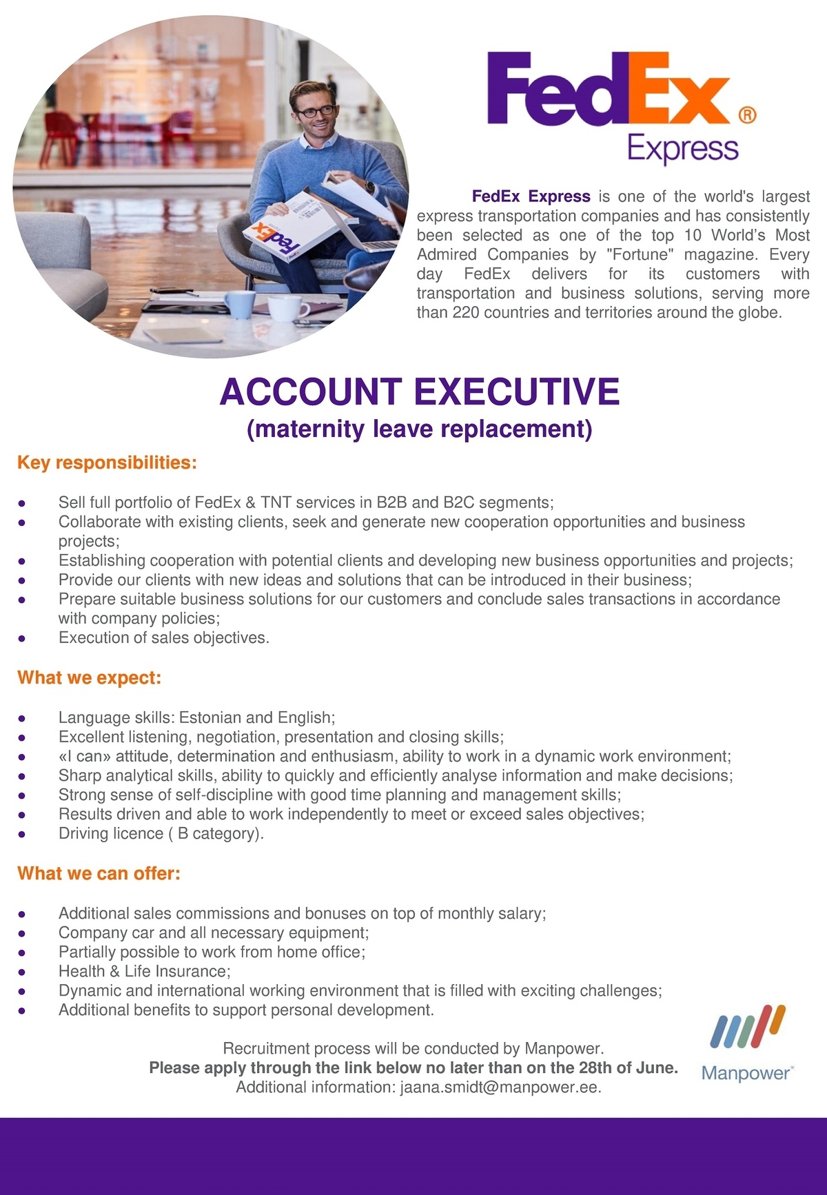 Manpower OÜ Account Executive (maternity leave replacement)