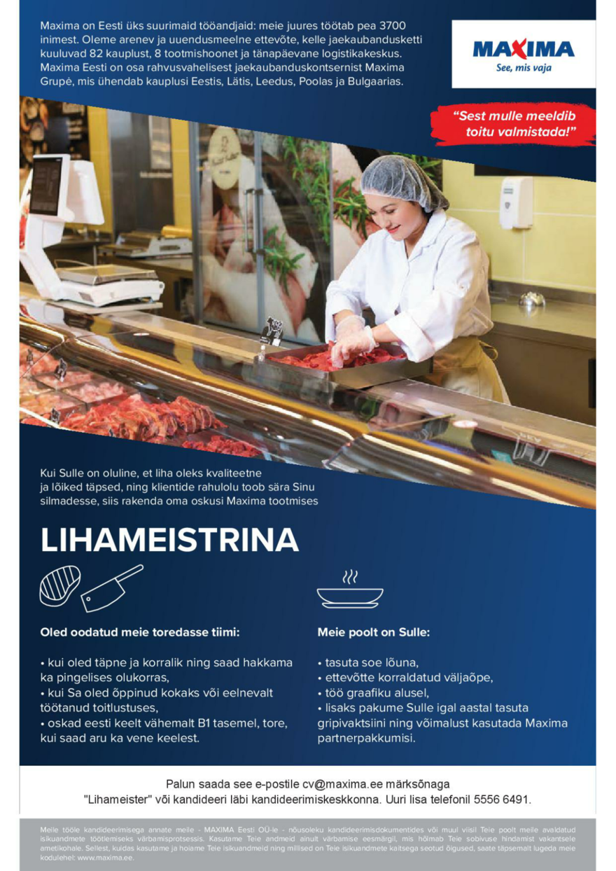 Maxima Eesti OÜ Lihameister-kulinaar Haabersti tootmistsehhis (Ehitajate tee 148)