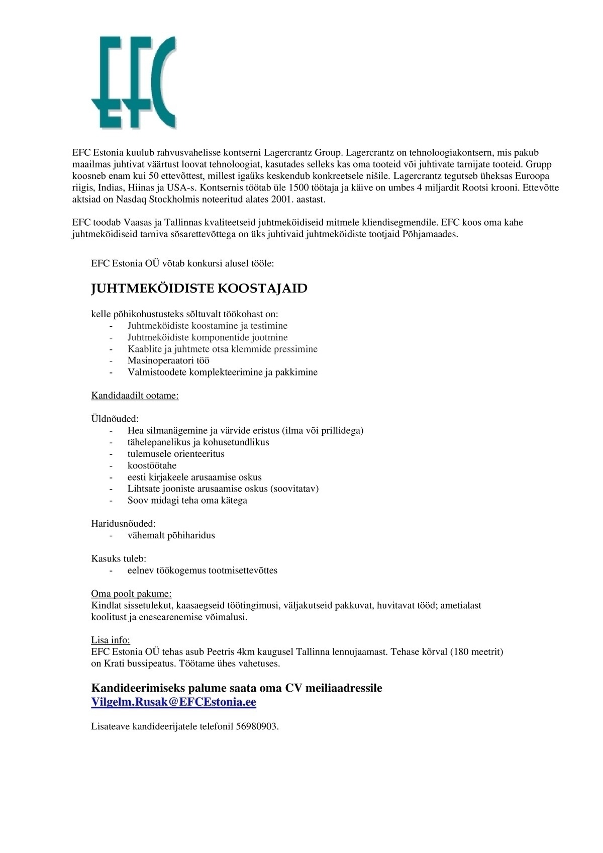 EFC Estonia OÜ JUHTMEKÖIDISTE KOOSTAJA