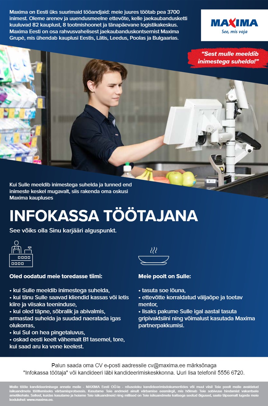 Maxima Eesti OÜ Konsultant-müüja Lasnamäe Maximas (J.Smuuli tee 9)