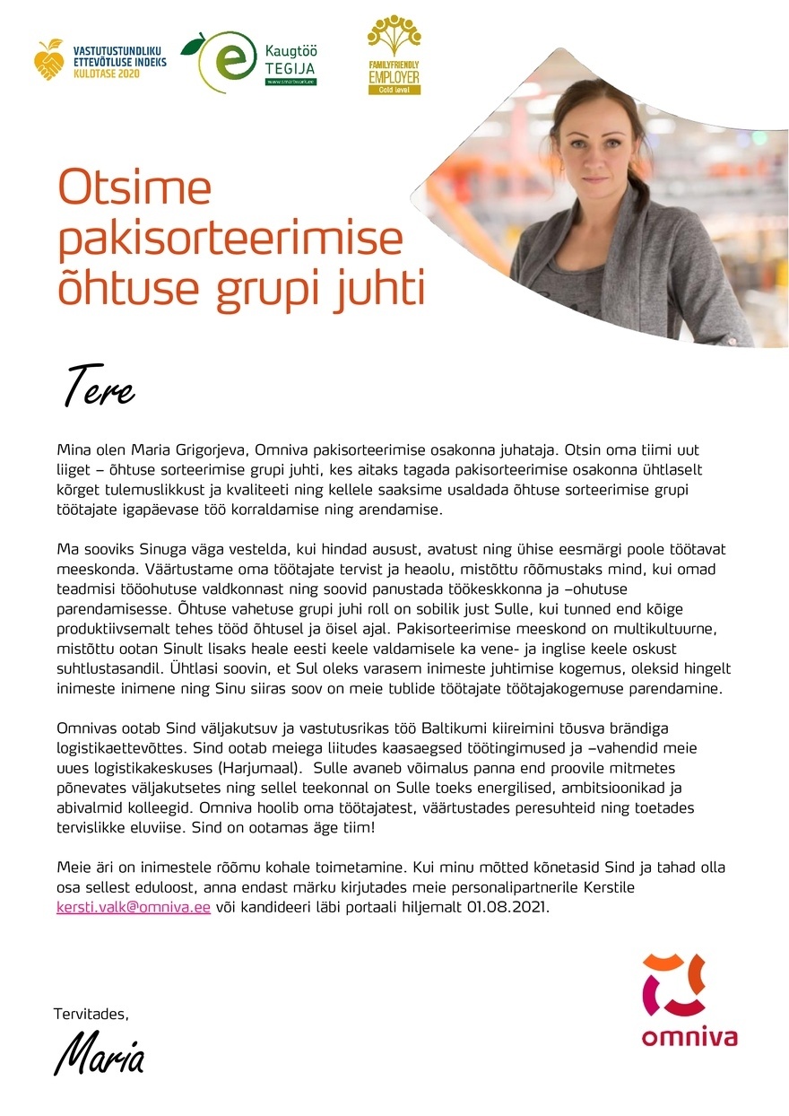 Omniva Pakisorteerimise grupi juht (õhtune vahetus)