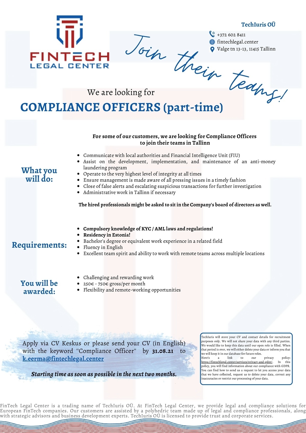 TechIuris OÜ Compliance Officers (part-time)