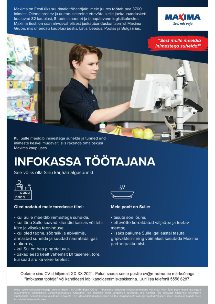 Maxima Eesti OÜ Konsultant-müüja Lasnamäe Ümera Maximas, Laagna tee 80