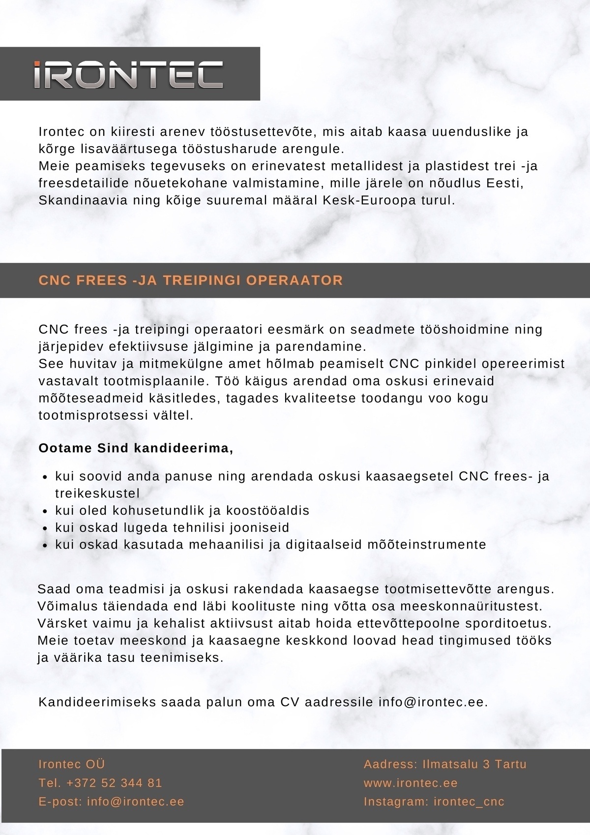 IRONTEC OÜ CNC frees -ja teipingi operaator