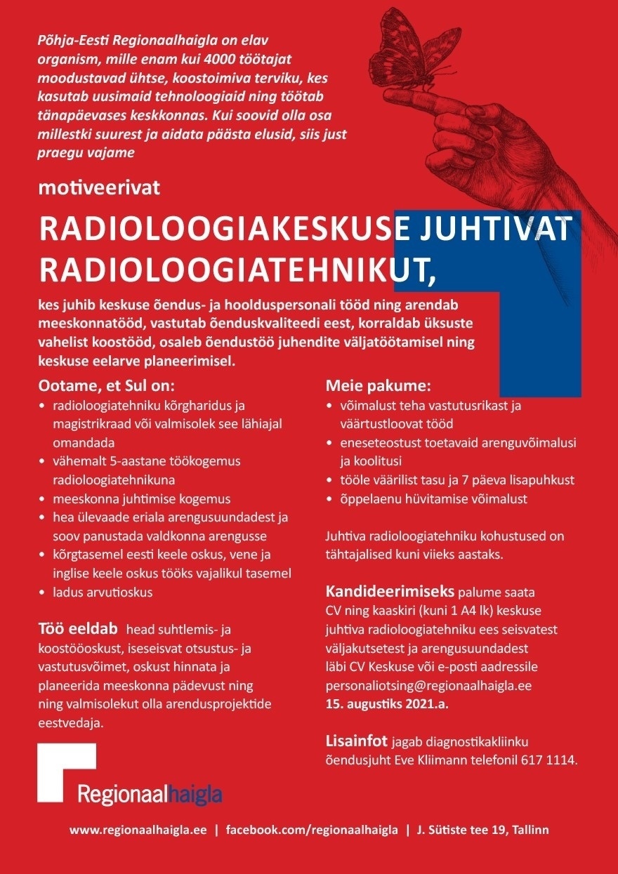 Põhja-Eesti Regionaalhaigla SA Juhtiv radioloogiatehnik radioloogiakeskusesse