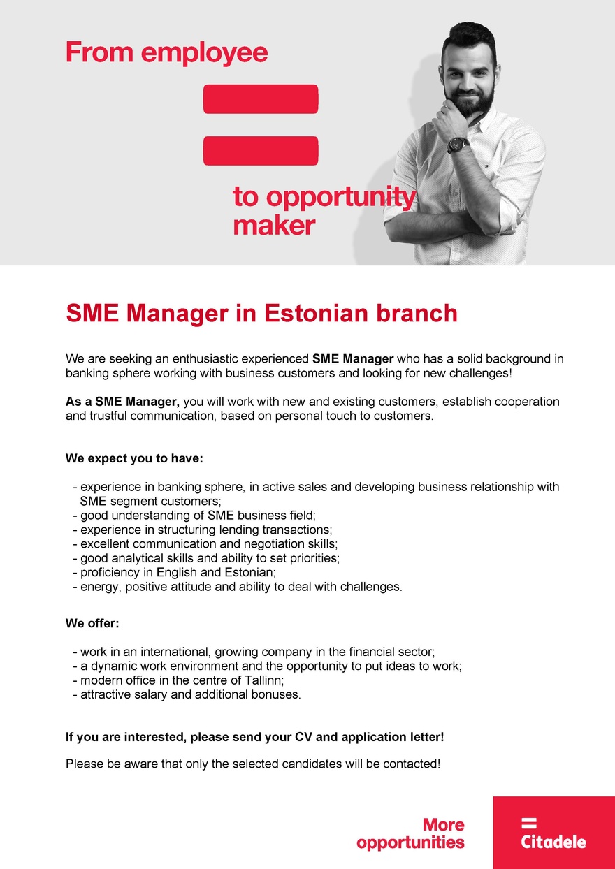 AS CITADELE BANKA EESTI FILIAAL SME Manager in Estonian branch